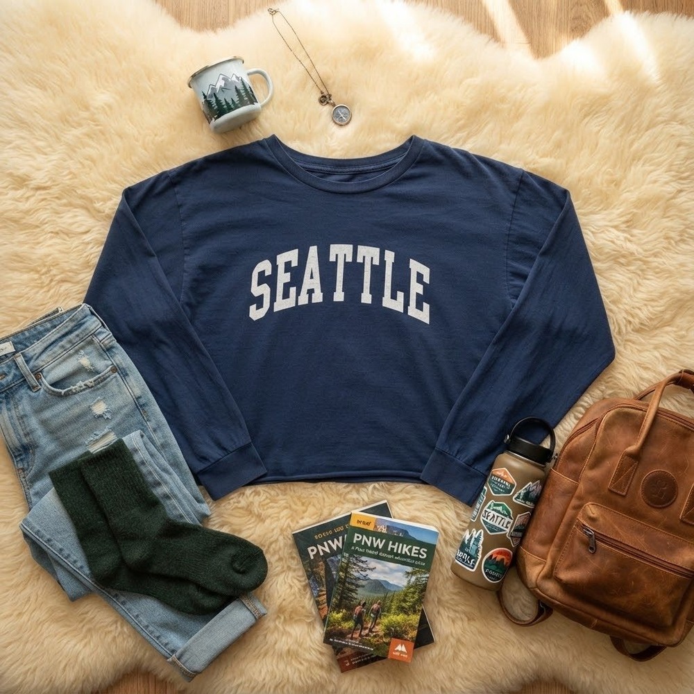 John Galt Seattle Graphic Long Sleeve Cropped Tee Navy Brandy Melville OS